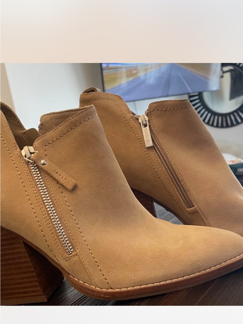 Tan Suede Ankle Booties with Side Zips - Women's Stylish Block Heel